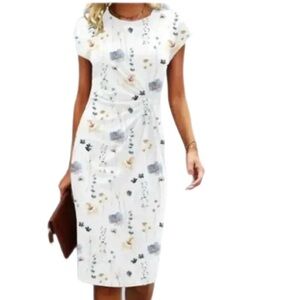 White Polka Dot Casual Dress Loose Round Neck Short Sleeve Pullover Ruched Midi